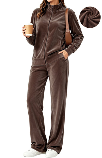 UVN Velour Outfit Set for Women 2 Piece Lounge Sets Casual Full Zip Top and Wide Leg Pants Ladies Fall Tracksuit with Pocket