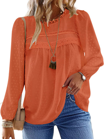 UVN Fall Shirts for Women Long Sleeve Blouses Ladies Crewneck Lace Crochet Tops Dressy Chiffon Blouses