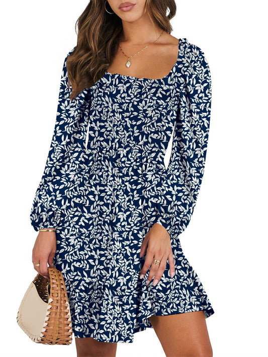 UVN Dresses for Women Casual Long Sleeve Square Neck Dress Ruffle Pleated Flowy Midi Dress
