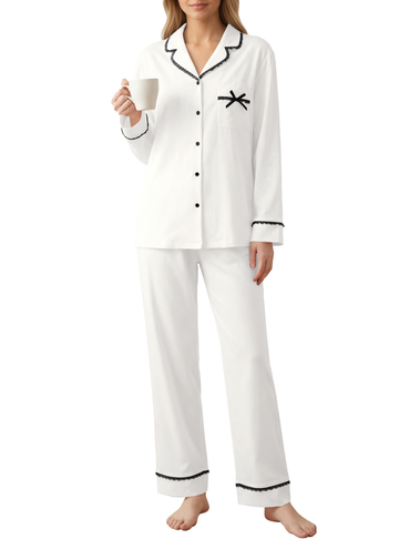 UVN Womens Pajama Sets Fall Winter Soft Pjs Lounge Sets Long Sleeve Button Down Tops and Wide Leg Pants 2 Piece Outfits Lace Sleepwear