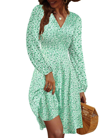 UVN Fall Dresses for Women Long Sleeve V Neck A-Line Midi Dress Boho Beach Floral Print Sundress