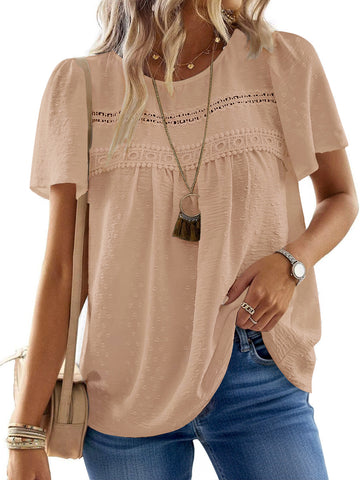 UVN Summer Womens Chiffon Blouses Short Sleeve Crew Neck Shirts for Women Boho Lace Casual Tops
