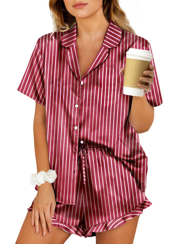 UVN Pajamas Sets for Women Short Sleeve Button Down Tops and Ruffle Shorts 2 Piece Outfit Satin Silk Pjs Sleepwear Loungewear