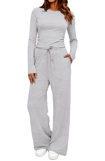 UVN Winter Womens 2 Piece Outfit Sets Ruched Long Sleeve Top and Wide Leg Pants with Pockets Casual Loungewear for Women Workout Sets