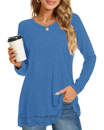 UVN Fall Tops for Women Long Sleeve Lace Trim V Neck Blouses Dressy Casual A Line Tunic Shirts