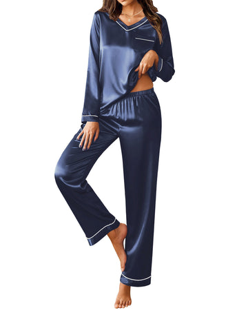 UVN Pajamas Sets for Women Fall Long Sleeve Tops and Long Pants Soft Satin Silk Pj Set Sleepwear Loungewear 2 Piece Outfit