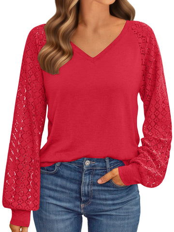 UVN Blouses for Women Dressy Lace Long Sleeve Shirts Fall Casual V Neck Tunic Tops