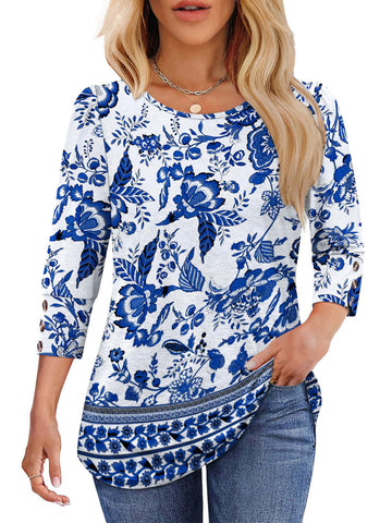 UVN Summer Womens Blouses Crew Neck 3/4 Sleeve with Button Shirts for Women Loose Fit Tunic Tops