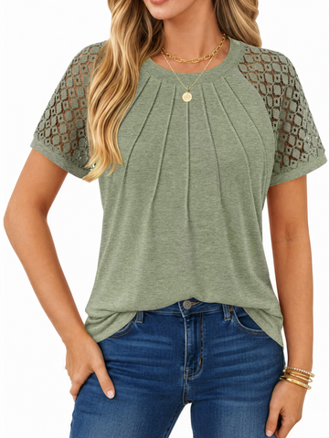 UVN Blouses for Women Short Sleeve Lace Tops Summer Casual Crewneck Pleated Shirts