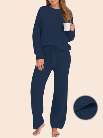 UVN Winter Pajama for Women Sweater Set Ladies Crewneck Tops and Long Pants Warm 2 Piece Loungewear