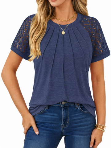 UVN Blouses for Women Short Sleeve Lace Tops Summer Casual Crewneck Pleated Shirts