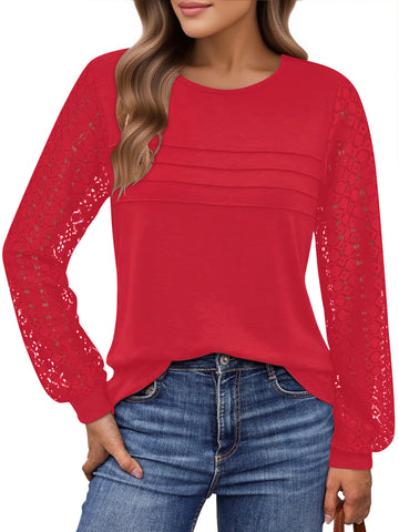 UVN Blouses for Women Dressy Lace Pleated Tunic Tops Casual Long Sleeve Fall Shirts