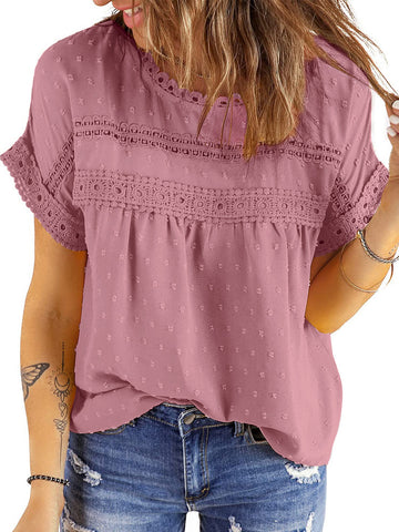 UVN Summer Womens Blouse Shirts Crewneck Lace Crochet Tops Short Sleeve Shirts Casual Chiffon Blouses