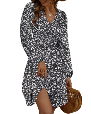 UVN Fall Dresses for Women Long Sleeve V Neck A-Line Midi Dress Boho Beach Floral Print Sundress