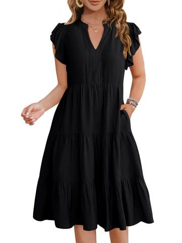 UVN Summer Dresses for Women Ruffle Sleeve V Neck Midi Dress Casual Beach Sundress with Pockets