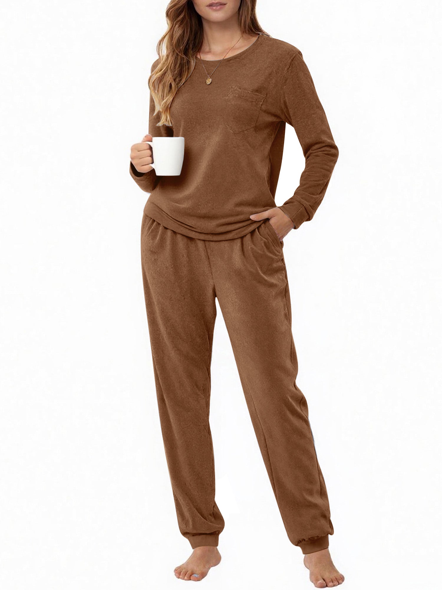 UVN Womens Velvet Pajamas Sets Winter 2 Piece Outfits Ladies Fleece Long Sleeve Sleepwear with Pockets
