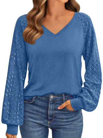UVN Blouses for Women Dressy Lace Long Sleeve Shirts Fall Casual V Neck Tunic Tops