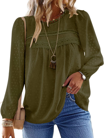 UVN Fall Shirts for Women Long Sleeve Blouses Ladies Crewneck Lace Crochet Tops Dressy Chiffon Blouses