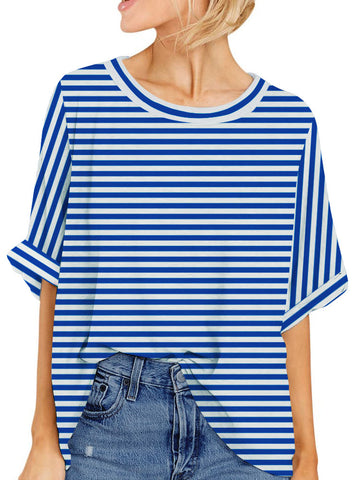 UVN Oversized Stripe T Shirt for Women Summer Casual Short Sleeve Tee Ladies Loose Crewneck Tops