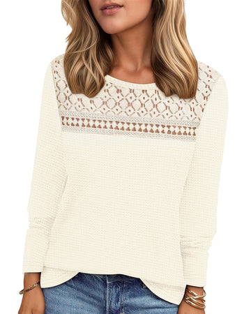 UVN Blouses for Women Fall Long Sleeve Crewneck Dressy Shirts Casual Waffle Knit Hollow Out Tunic Tops