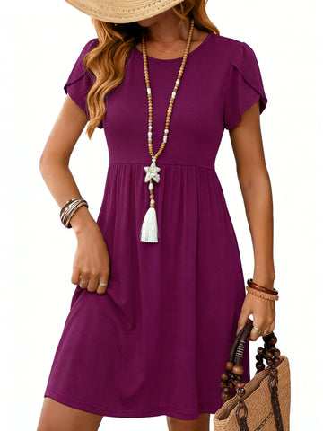 UVN Womens Summer Dresses Short Petal Sleeve Crew Neck Midi Sundress for Women A-Line Flowy Dress with Pocket
