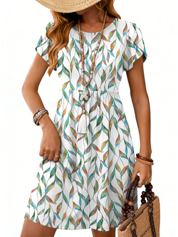UVN Womens Summer Dresses Short Petal Sleeve Crew Neck Midi Sundress for Women A-Line Flowy Dress with Pocket