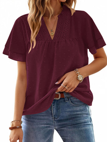 UVN V Neck Shirts for women Summer Lace Butterfly Sleeve Blouses Ladies Casual Flowy Crochet Tops