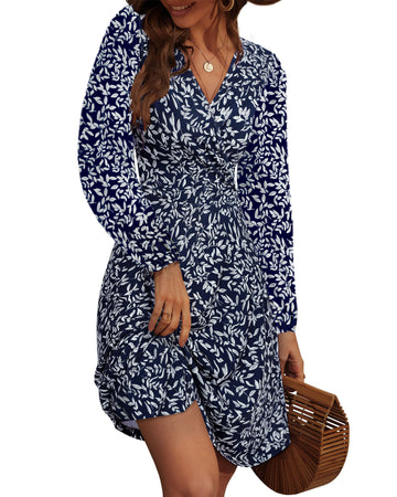UVN Fall Dresses for Women Long Sleeve V Neck A-Line Midi Dress Boho Beach Floral Print Sundress