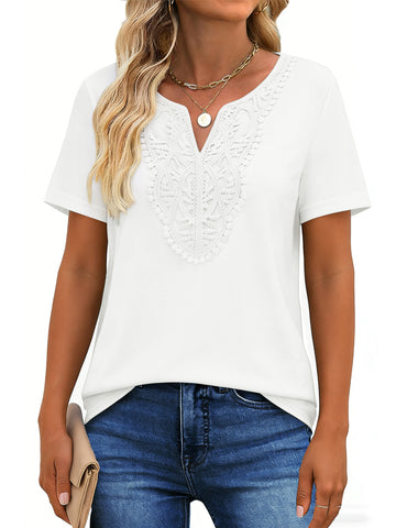 UVN Blouses for Women Summer Short Sleeve V Neck Lace Shirts Dressy Casual Boho Tunic Tops