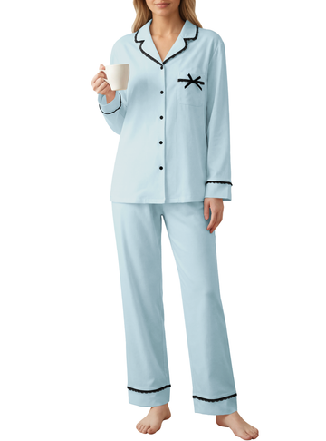 UVN Womens Pajama Sets Fall Winter Soft Pjs Lounge Sets Long Sleeve Button Down Tops and Wide Leg Pants 2 Piece Outfits Lace Sleepwear