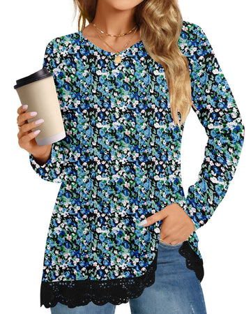 UVN Fall Tops for Women Long Sleeve Lace Trim V Neck Blouses Dressy Casual A Line Tunic Shirts
