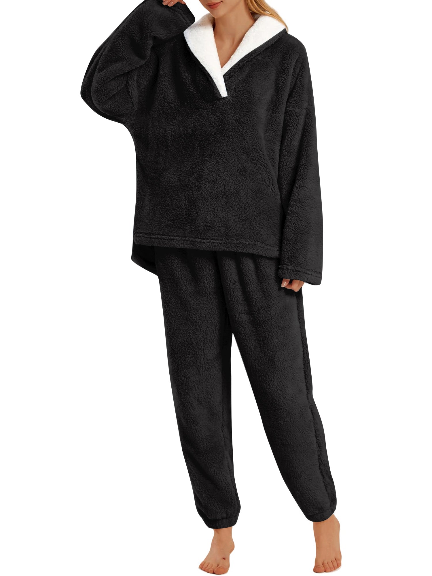 UVN Winter Pajamas for Women Fuzzy Loungewear Sets Ladies Fleece Long Sleeve Tops and Long Pants 2 Piece Sleepwear