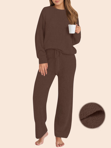 UVN Winter Pajama for Women Sweater Set Ladies Crewneck Tops and Long Pants Warm 2 Piece Loungewear