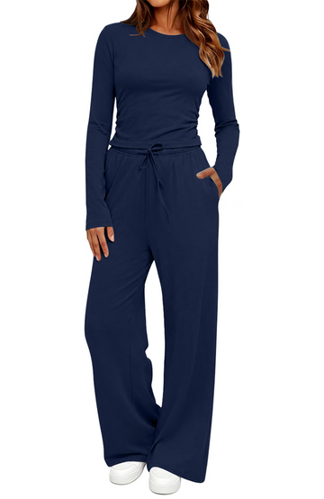 UVN Winter Womens 2 Piece Outfit Sets Ruched Long Sleeve Top and Wide Leg Pants with Pockets Casual Loungewear for Women Workout Sets