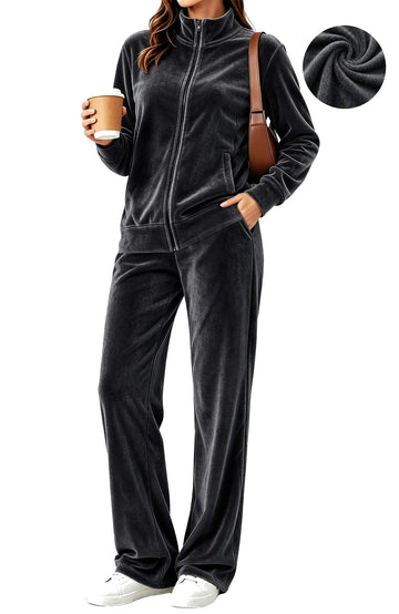 UVN Velour Outfit Set for Women 2 Piece Lounge Sets Casual Full Zip Top and Wide Leg Pants Ladies Fall Tracksuit with Pocket