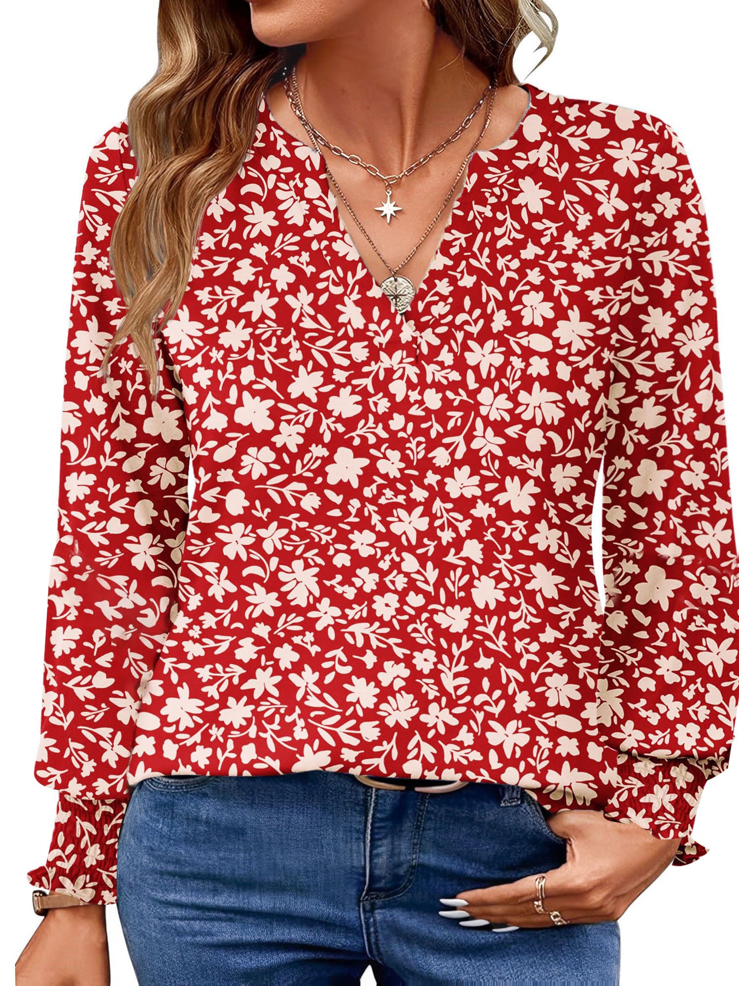 UVN Womens Fall Blouses Long Sleeve V neck Shirts Dressy Casual Smocked Cuffs Tunic Tops