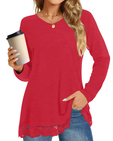 UVN Fall Tops for Women Long Sleeve Lace Trim V Neck Blouses Dressy Casual A Line Tunic Shirts