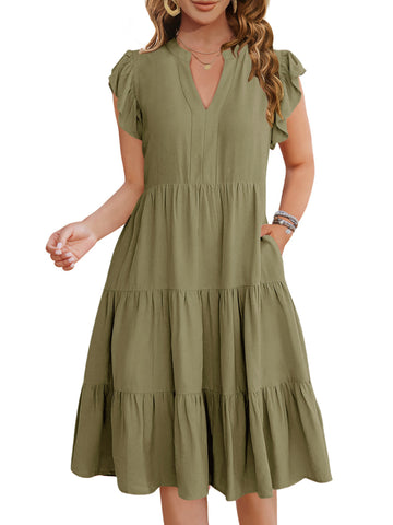 UVN Summer Dresses for Women Ruffle Sleeve V Neck Midi Dress Casual Beach Sundress with Pockets