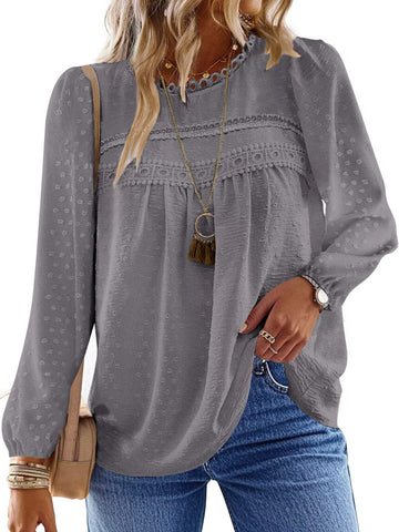 UVN Fall Shirts for Women Long Sleeve Blouses Ladies Crewneck Lace Crochet Tops Dressy Chiffon Blouses