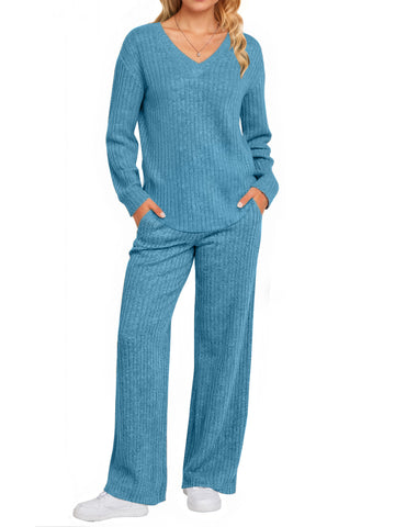 UVN Outfit Sets for Women Two Piece Sets Winter Casual Long Sleeve Tops and Long Pants Lounge Sets Ribbed Knit Pajama Sets with Pockets