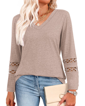 UVN Fall Blouses for Women Long Sleeve V Neck Tunic Tops Casual Hollow Out Curved Hem Dressy Shirts
