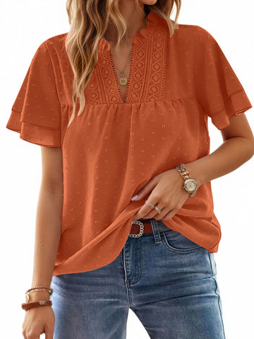 UVN V Neck Shirts for women Summer Lace Butterfly Sleeve Blouses Ladies Casual Flowy Crochet Tops