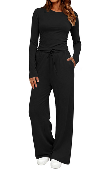 UVN Winter Womens 2 Piece Outfit Sets Ruched Long Sleeve Top and Wide Leg Pants with Pockets Casual Loungewear for Women Workout Sets