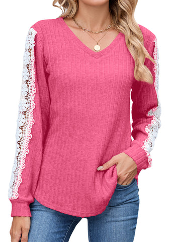 UVN Long Sleeve Shirts for Women Fall V Neck Lace Blouses Casual Dressy Tunic Pullover Sweaters Tops