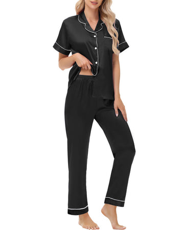 UVN Pajamas Sets for Women Short Sleeve Button Down Tops And Pants Sleepwear Soft Silk Satin Pjs Loungewear 2 Piece Outfit
