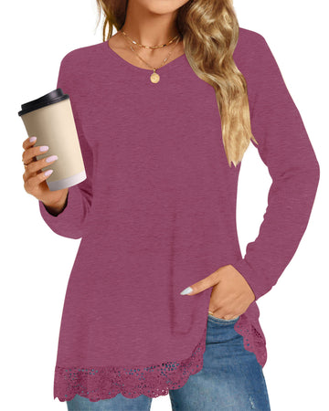 UVN Fall Tops for Women Long Sleeve Lace Trim V Neck Blouses Dressy Casual A Line Tunic Shirts