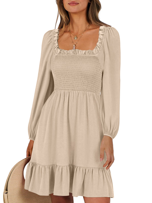 UVN Dresses for Women Casual Long Sleeve Square Neck Dress Ruffle Pleated Flowy Midi Dress