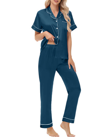 UVN Pajamas Sets for Women Short Sleeve Button Down Tops And Pants Sleepwear Soft Silk Satin Pjs Loungewear 2 Piece Outfit