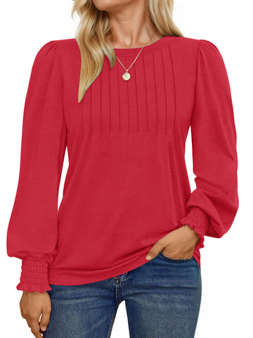 UVN Plus Size Tops for Women Pleated Long Sleeve Shirts Dressy Casual Crewneck Fall Blouses