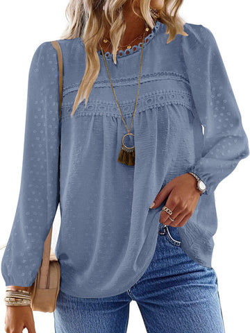 UVN Fall Shirts for Women Long Sleeve Blouses Ladies Crewneck Lace Crochet Tops Dressy Chiffon Blouses